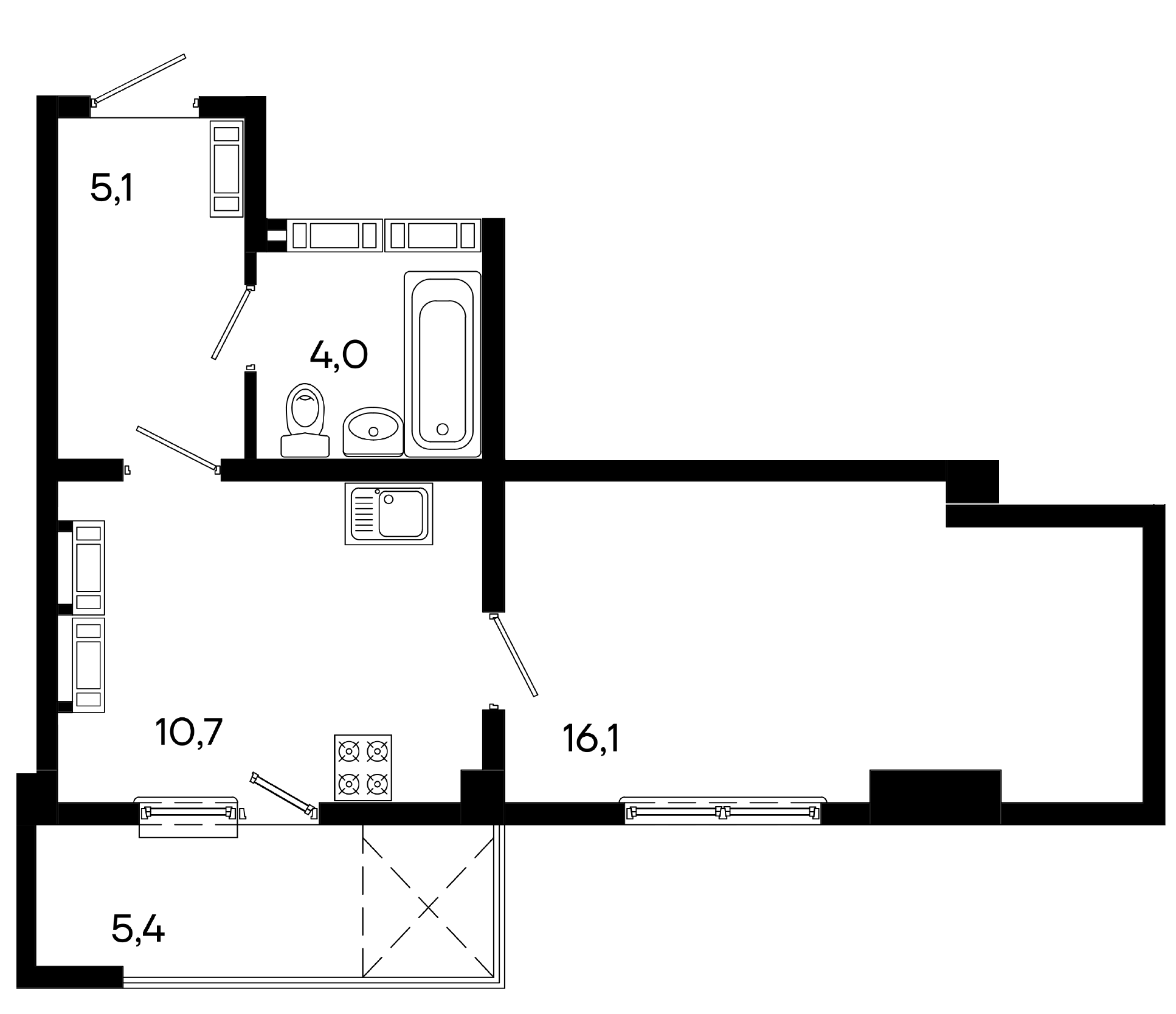 Студия, 41.3 м² · Трубаченко