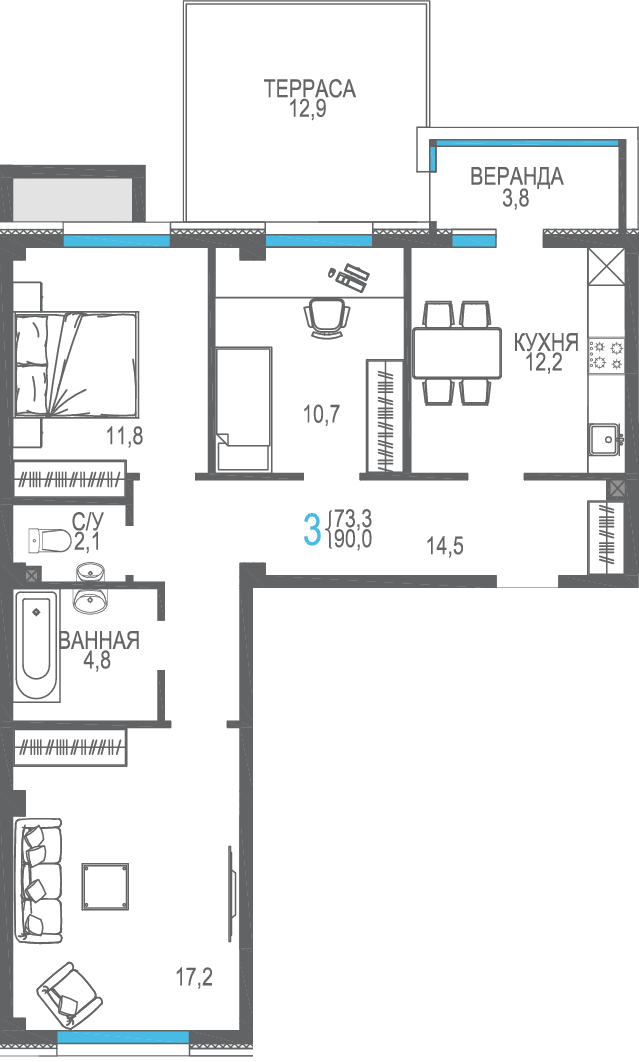 3-к, 90 м² · Доброгород