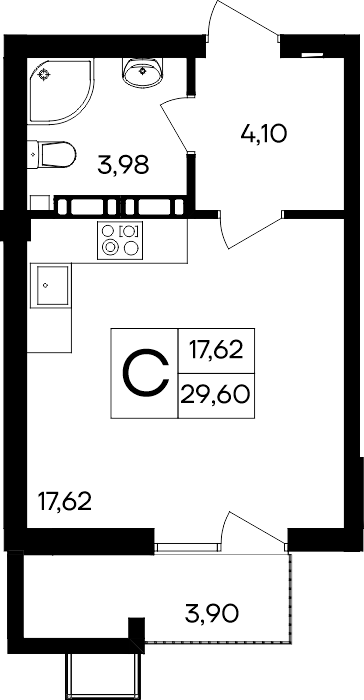 Студия, 29.6 м² · Гвардейское