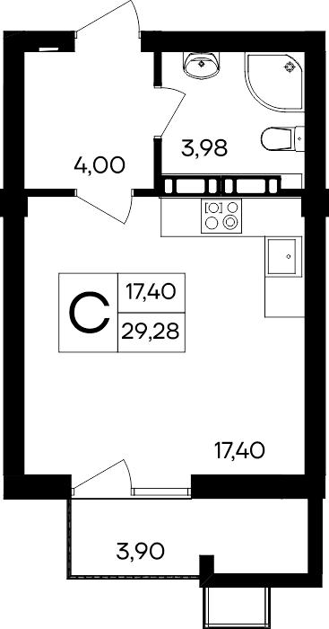 Студия, 29.28 м² · Гвардейское