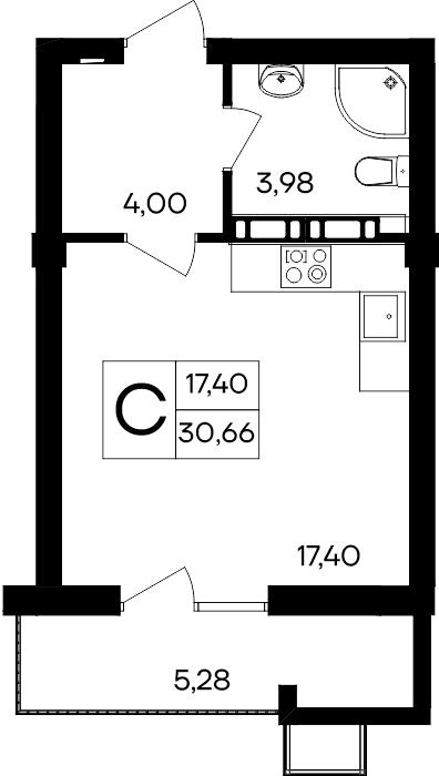 Студия, 30.66 м² · Гвардейское