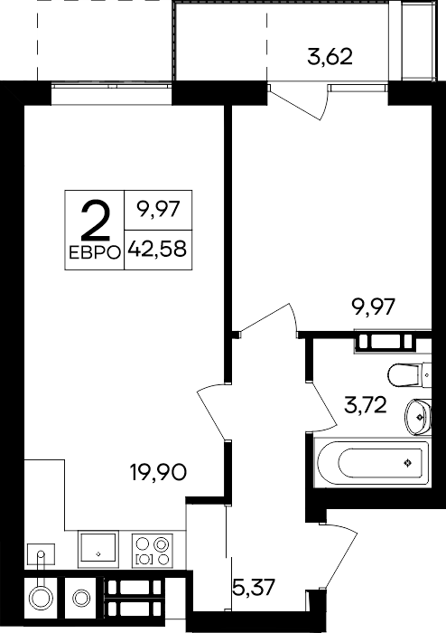 1-к, 42.58 м² · Гвардейское