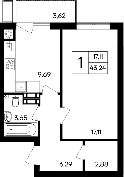 1-к, 43.24 м² · Гвардейское