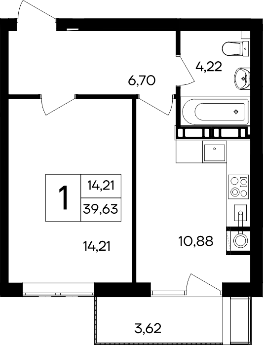1-к, 39.63 м² · Гвардейское