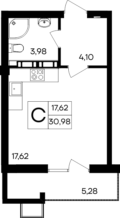 Студия, 30.98 м² · Гвардейское