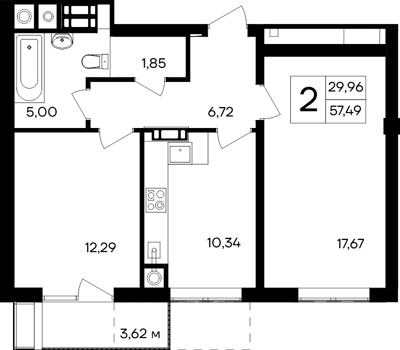2-к, 57.49 м² · Гвардейское