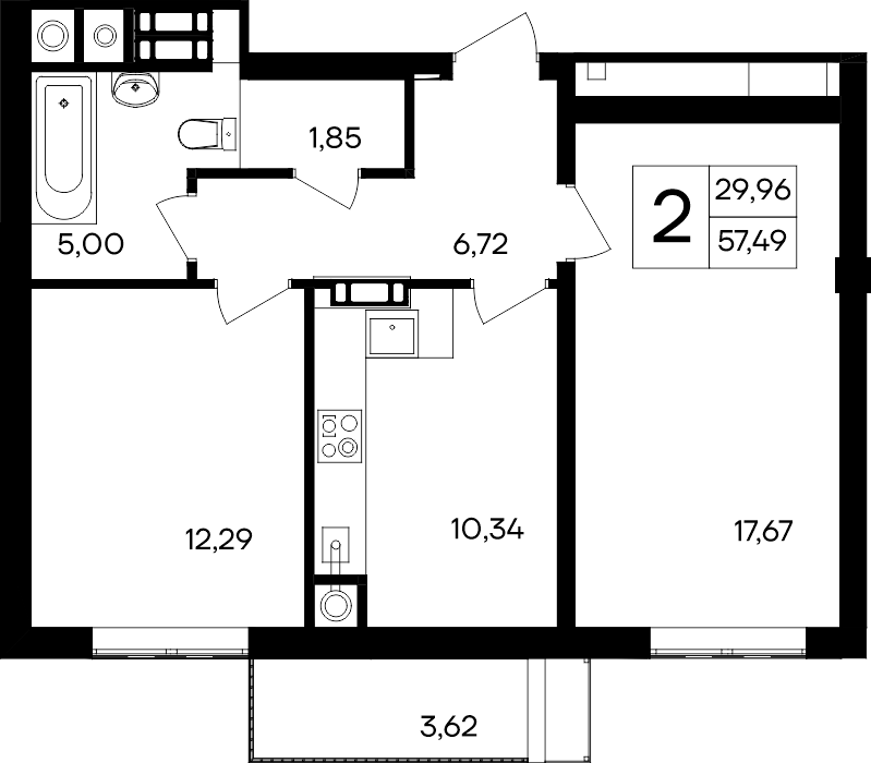2-к, 57.49 м² · Гвардейское