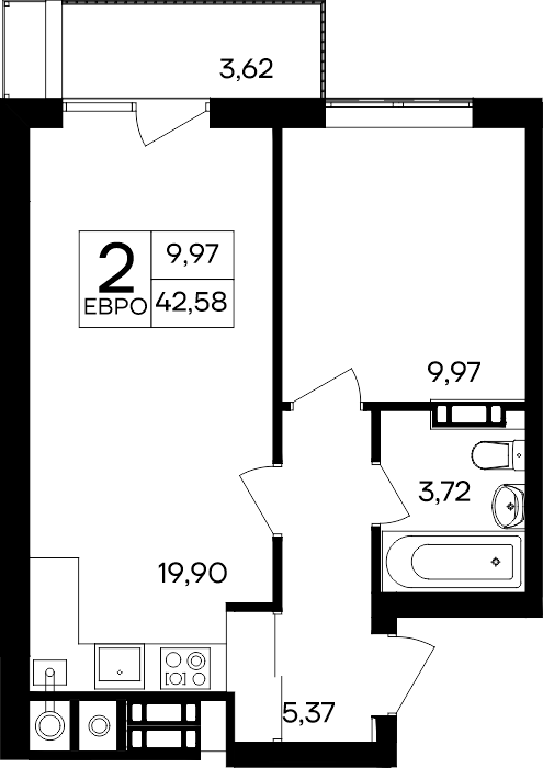 1-к, 42.58 м² · Гвардейское
