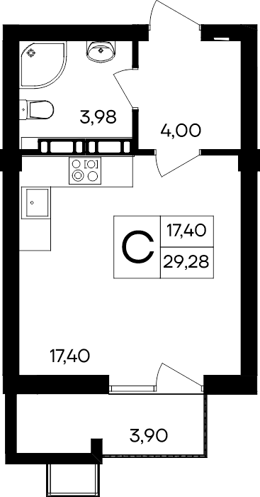 Студия, 29.28 м² · Гвардейское