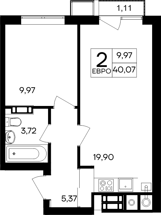 1-к, 40.07 м² · Гвардейское