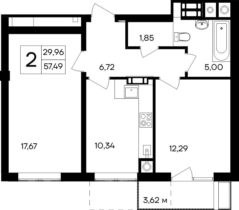 2-к, 57.49 м² · Гвардейское