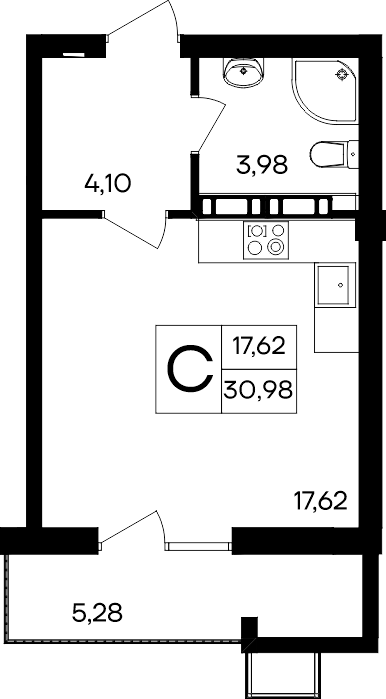 Студия, 30.98 м² · Гвардейское