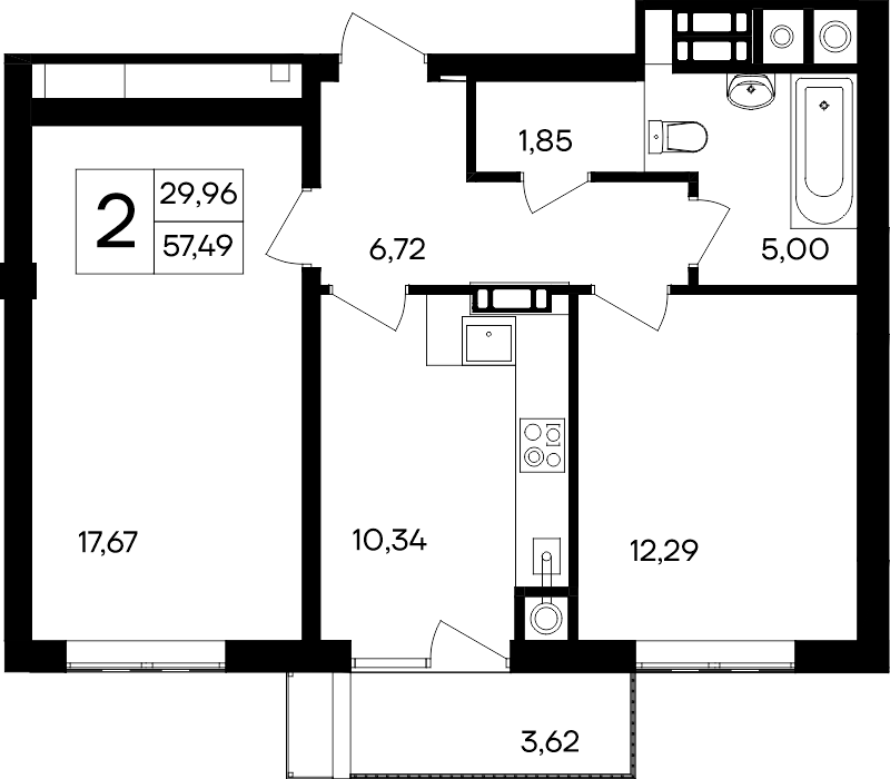 2-к, 57.49 м² · Гвардейское