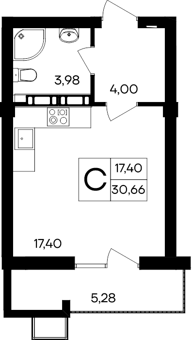 Студия, 30.66 м² · Гвардейское