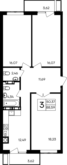 3-к, 88.59 м² · Гвардейское