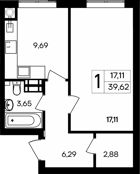 1-к, 39.62 м² · Гвардейское