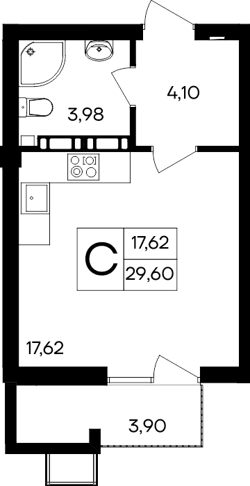 Студия, 29.6 м² · Гвардейское