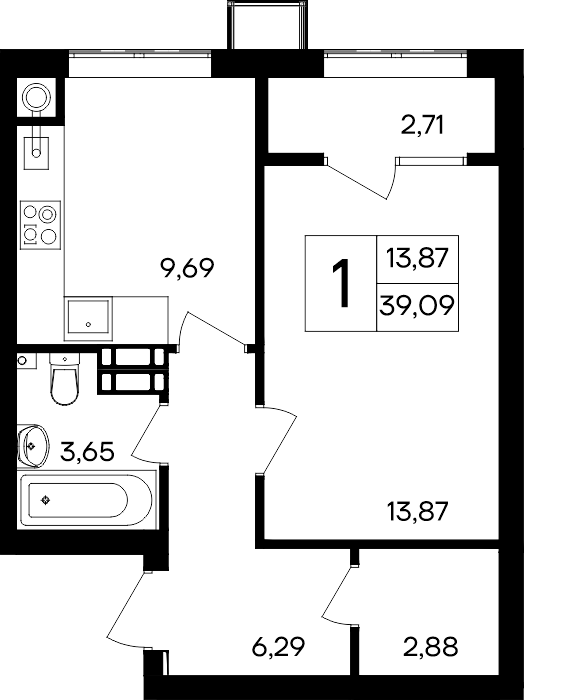 1-к, 39.09 м² · Гвардейское