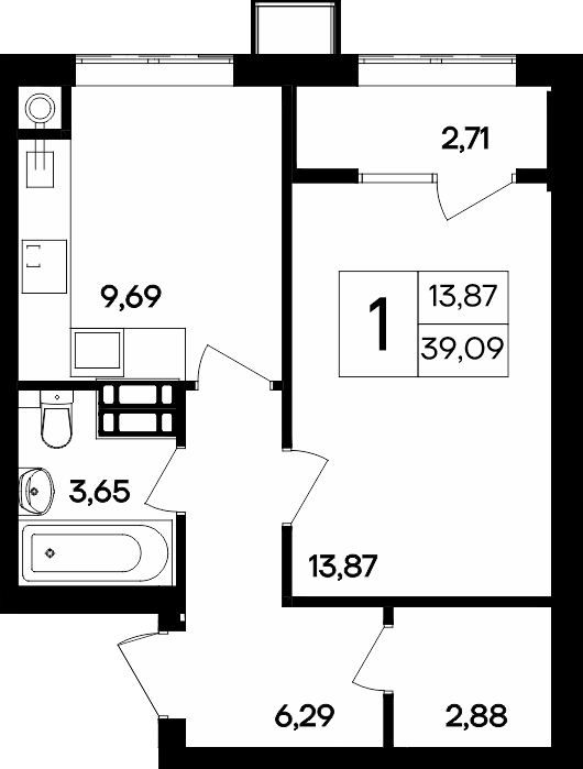 1-к, 39.09 м² · Гвардейское