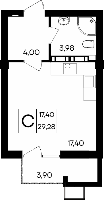 Студия, 29.28 м² · Гвардейское