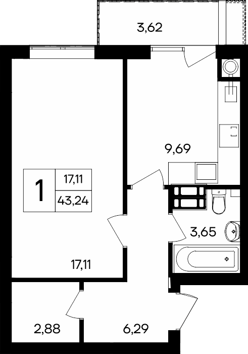 1-к, 43.24 м² · Гвардейское