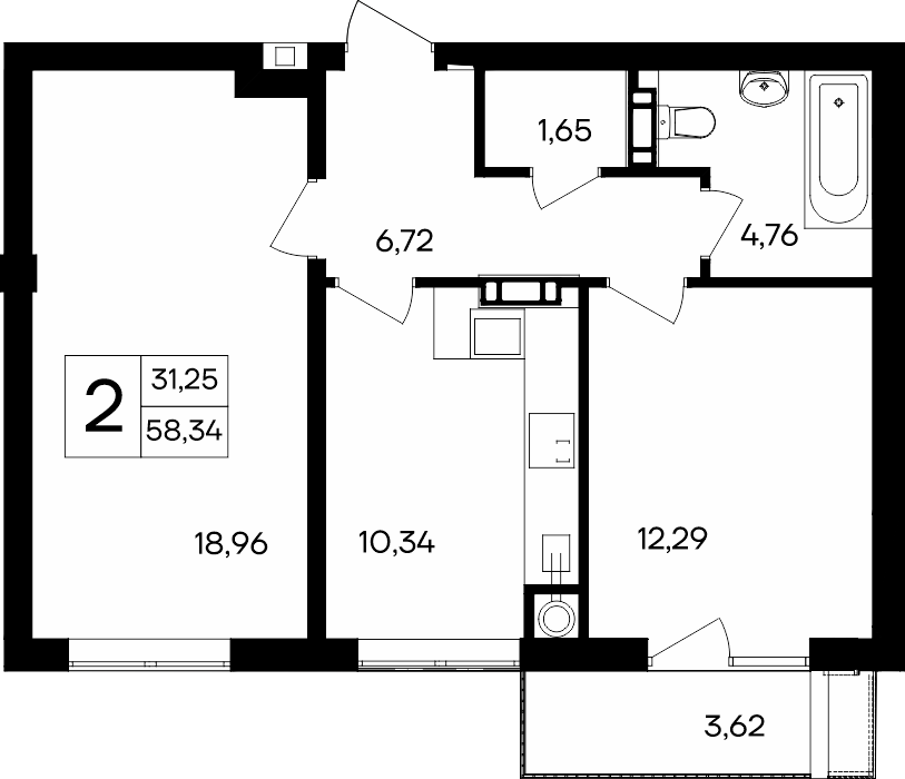 2-к, 58.34 м² · Гвардейское