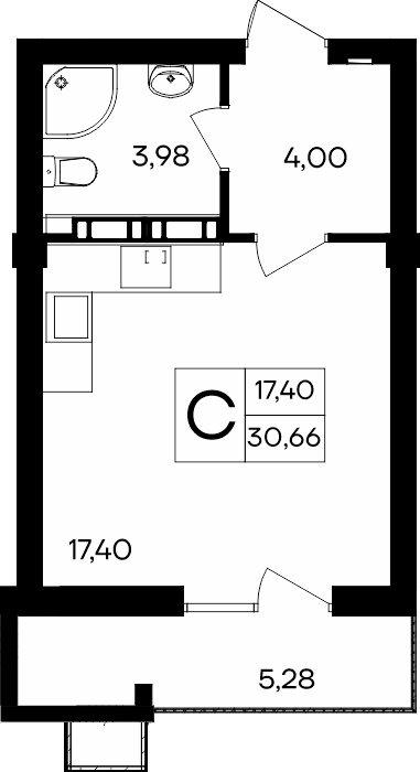 Студия, 30.66 м² · Гвардейское