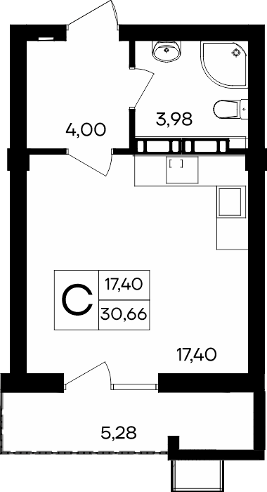 Студия, 30.66 м² · Гвардейское