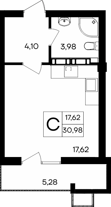 Студия, 30.98 м² · Гвардейское