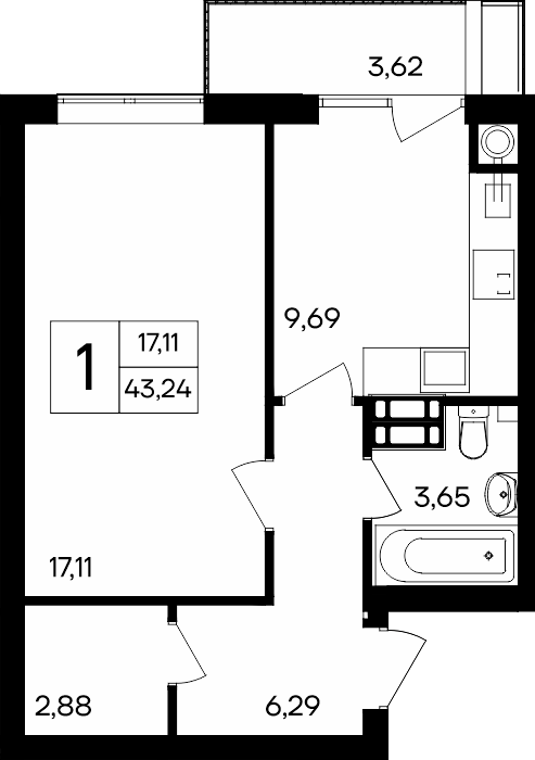 1-к, 43.24 м² · Гвардейское