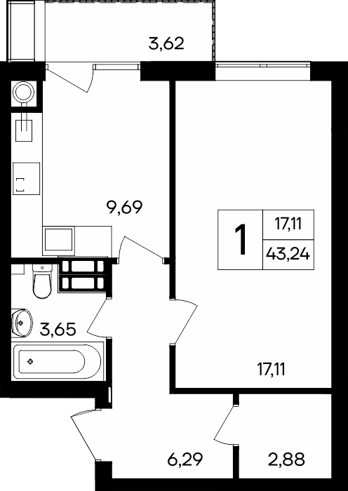 1-к, 43.24 м² · Гвардейское