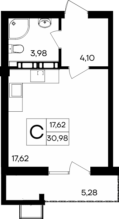 Студия, 30.98 м² · Гвардейское