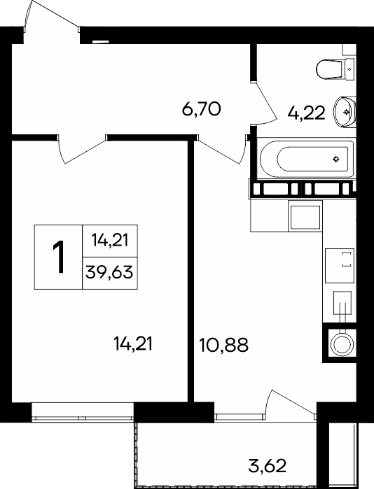 1-к, 39.63 м² · Гвардейское