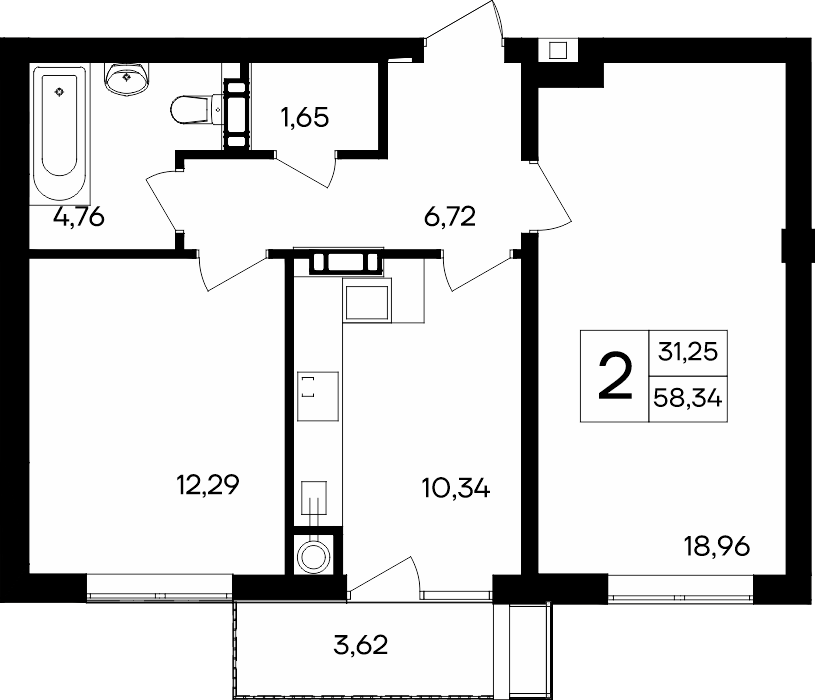 2-к, 58.34 м² · Гвардейское