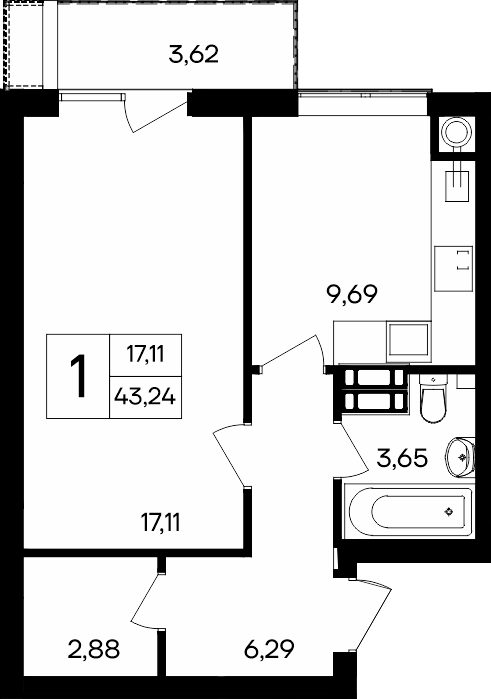 1-к, 43.24 м² · Гвардейское
