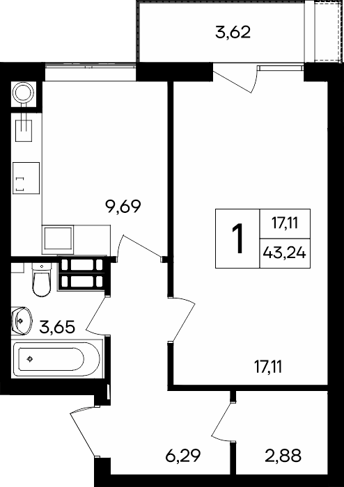 1-к, 43.24 м² · Гвардейское