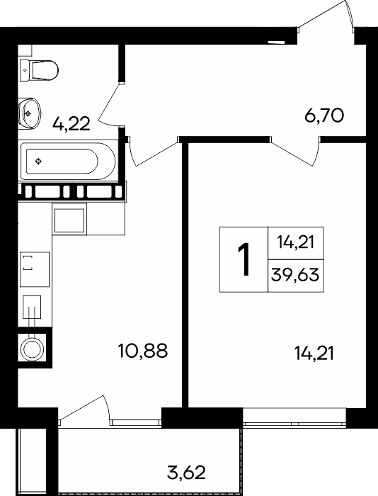 1-к, 39.63 м² · Гвардейское