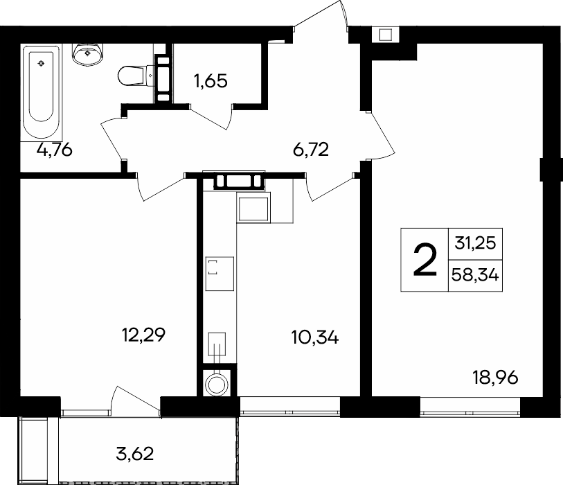 2-к, 58.34 м² · Республика