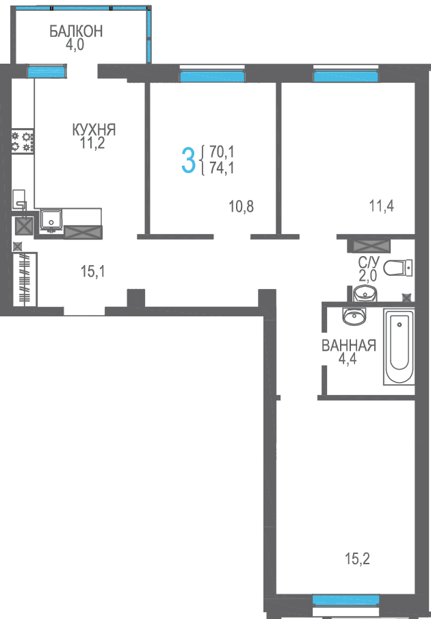 3-к, 74.1 м² · Утёсов