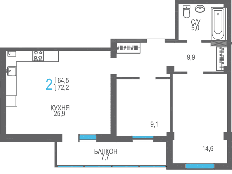 2-к, 72.2 м² · Утёсов