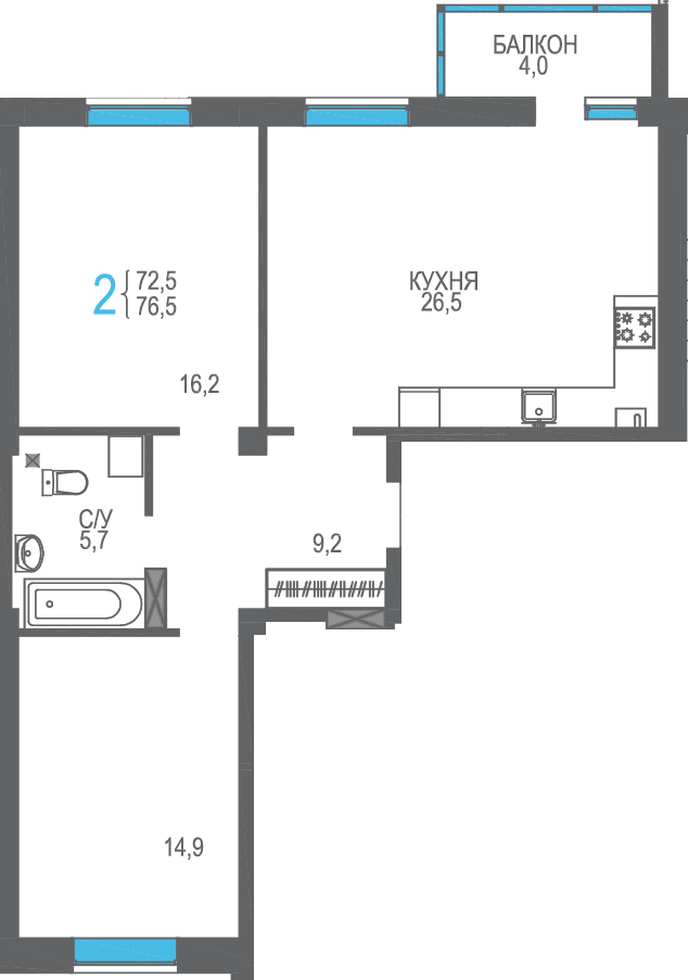 2-к, 76.5 м² · Утёсов