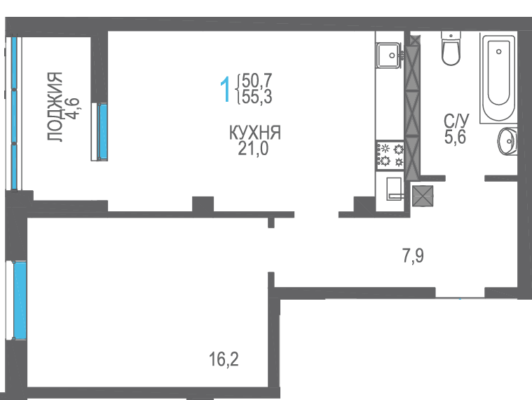 1-к, 55.3 м² · Утёсов