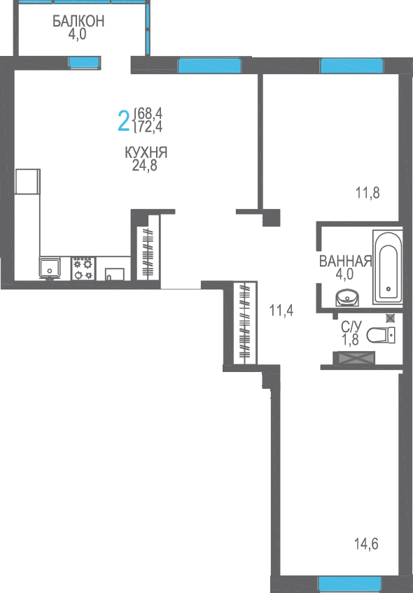 2-к, 72.4 м² · Утёсов