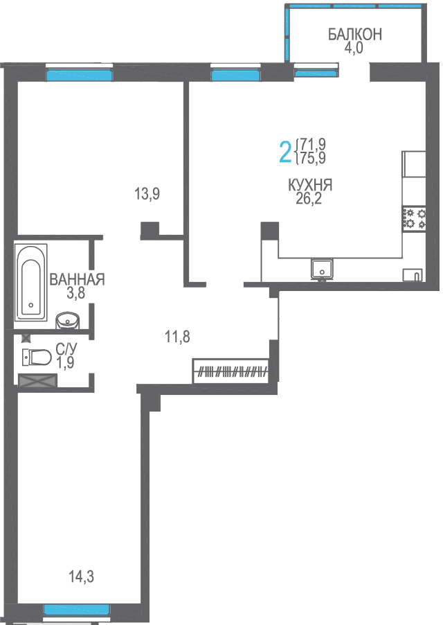 2-к, 75.9 м² · Утёсов