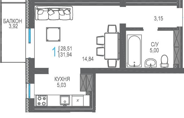 Студия, 31.94 м² · Бакунинский