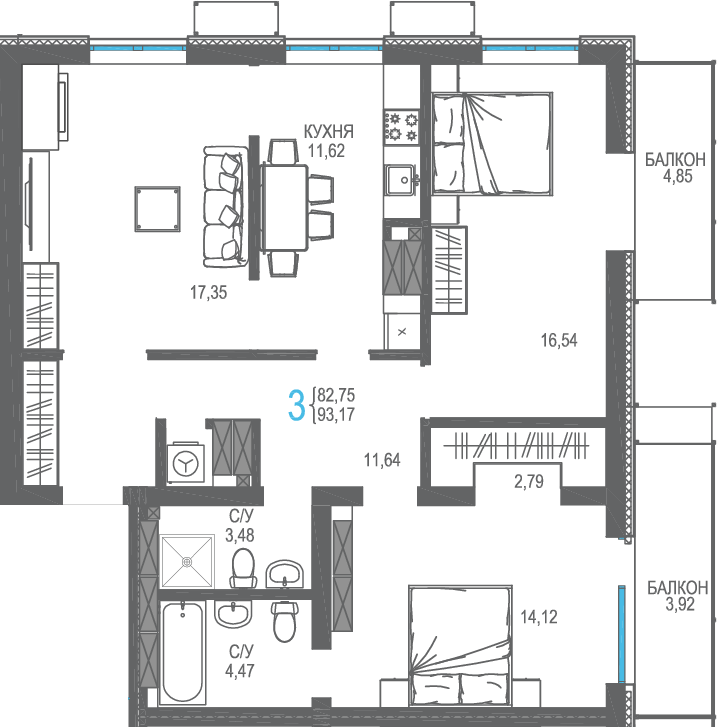 3-к, 93.17 м² · Бакунинский