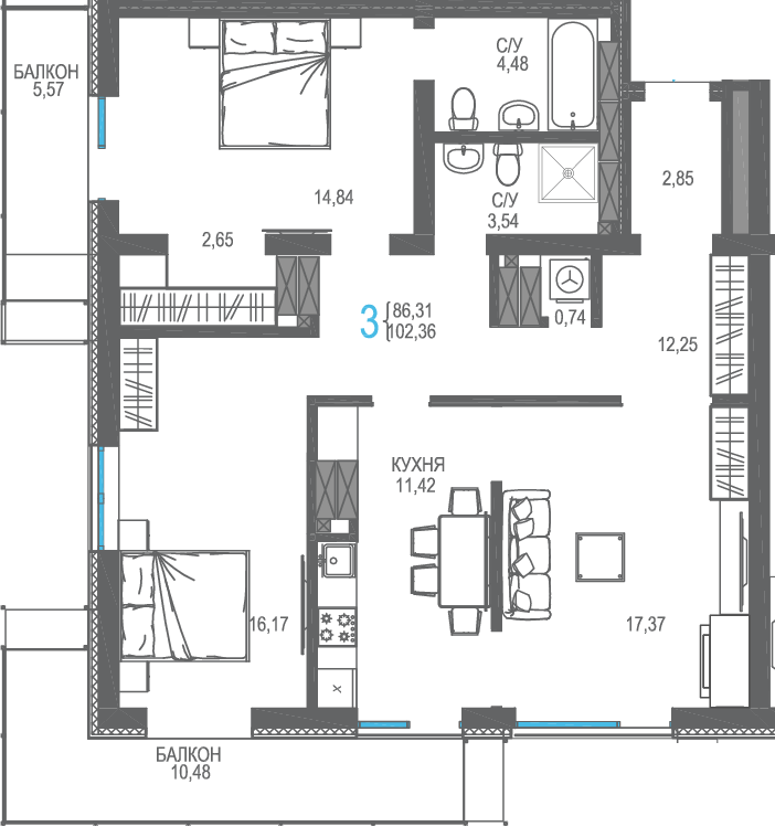 3-к, 102.36 м² · Бакунинский