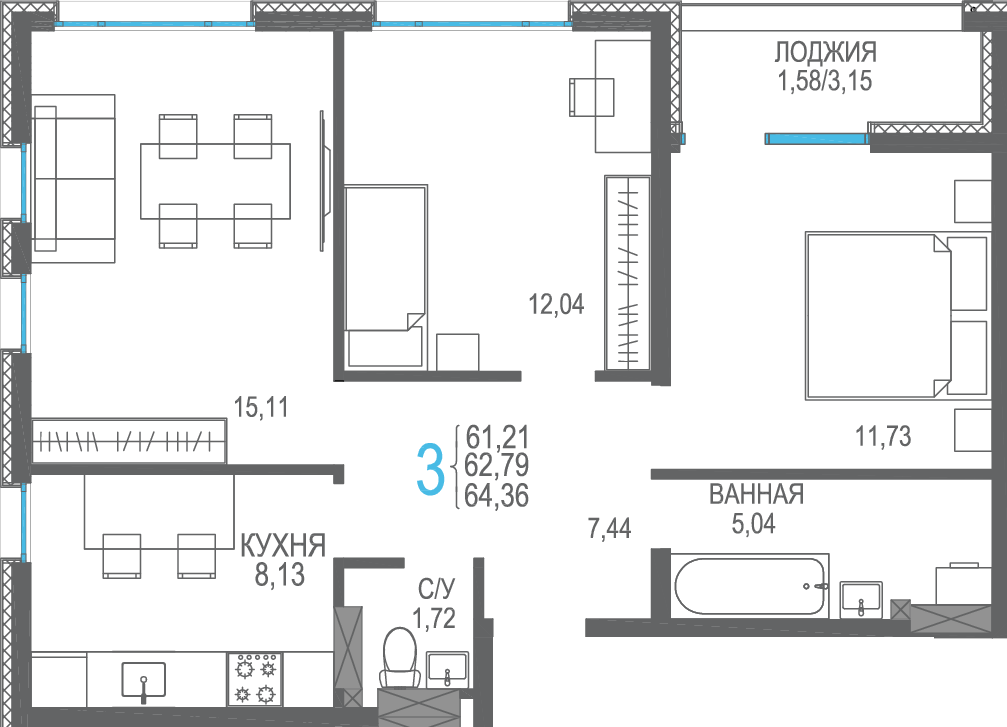 3-к, 64.36 м² · Розовое озеро