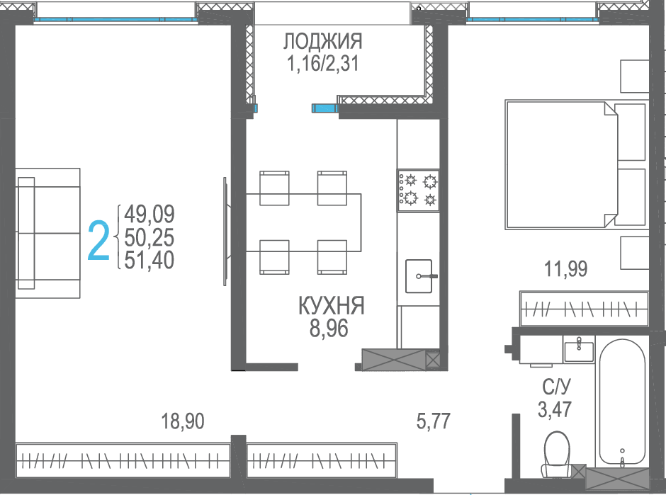 2-к, 51.4 м² · Розовое озеро