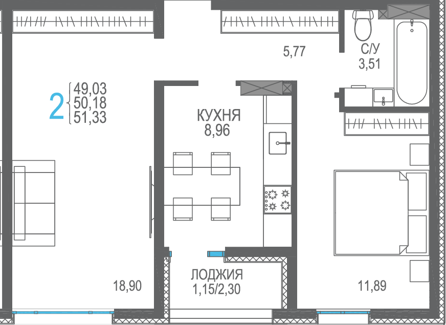 2-к, 51.33 м² · Розовое озеро